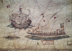 Galley og portugisisk karavel, detalje fra Middelhavets søkort