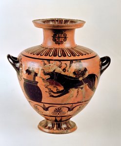 Arkaisk Ionisk Hydria, der skildrer Herakles, der bringer Cerberus til Eurystheus, fra Cerveteri, ca. 530 f.Kr. (keramik) af Greek