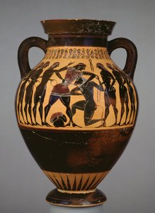 Attisk sortfigur amfora, der viser Theseus og Minotaurus observeret af seks unge (keramik)