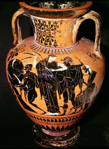 Attisk sortfiguret vase med Synthos, Demeter, Hermes og bådsmanden, ca.535-540 f.Kr. (keramik)