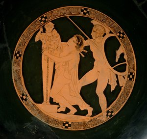 Attic rød-figur kop, der forestiller Cassandra jaget af Ajax, der søger tilflugt af en xoanon af Athena, ca. 430 f.Kr. (keramik) af Greek