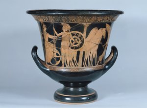 Attisk kalyxkrater med røde figurer, der forestiller en hoplite, der drager i krig (keramik) (se også 223268)