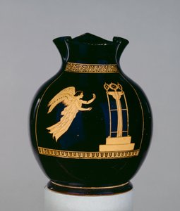 Attic rød-figur oinochoe dekoreret med scenen af en bevinget Nike, der flyver med et bånd mod et stativ, nær Calliope Painter, fra Nola, ca. 430 f.Kr. (keramik) af Greek