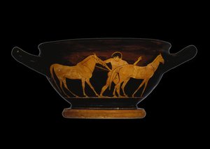 Attic rød-figur skyphos, der forestiller Herakles og Hopperne fra Diomedes (keramik) af Greek