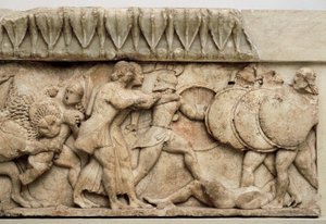 Gigantomachy: Cybeles løve fortærer en kæmpe, mens Apollo og Artemis kæmper mod giganterne, 525 f.Kr. af Greek