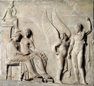 Græsk kunst: "" Prinsen af Sparta Paris seduit Helene af Troja, Afrodite er repræsenteret""" Marmorrelief fra en græsk original. 1. århundrede f.Kr. Museo Archeologico Nazionale, Napoli - Paris, prins af Sparta og Helen af Troja, med Aphrodite - Marmor rel af Greek