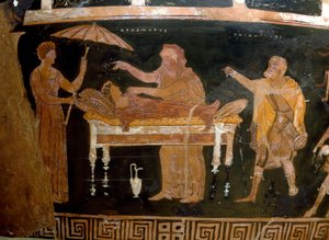 Græsk kunst: Vase of Arhemore: Arhemores begravelse (Opheltes) Maleri af maleren af ​​Darius. Fra Ruvo. 4. århundrede f.Kr. Nationalt arkæologisk museum, Napoli af Greek