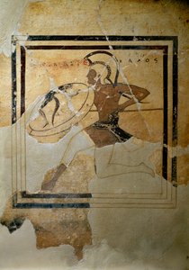 Græsk kunst: "" pynax (votivtavle) af terracotta, der repræsenterer en hoplit i fuld race""" 520-510 f.Kr. Sol. h. 65,5 cm Athen, Akropolismuseet (inv. 67) af Greek