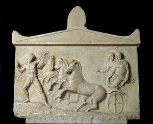 Græsk kunst: relief dedikeret til Hermes og nymferne: Quadrige af Echelos, der fjerner Basilikum. 420-410 f.Kr. Athen, det nationale arkæologiske museum af Greek