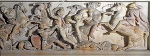 Græsk kunst: "" sarkofag af Alexander den Store (356-323 f.Kr.)"" Udsigt over relieffer, der repræsenterer slaget ved Issos i 333 f.Kr. mellem grækerne og perserne. Fra den fønikiske nekropolis i Sidon. 4. århundrede f.Kr. Svag. 195 x 318 x167 cm Istanbul, af Greek