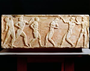 Græsk civilisation, Stele, der forestiller atleter på gymnastiksal, Fra Kerameikos nekropolis i Athen, Grækenland, 510 f.Kr. af Greek