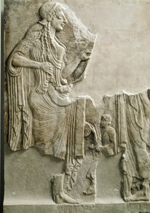 Græsk antikvitet: "" en familie, der ofrer til gudinden Athene"" Lavt relief. 550 f.Kr. Fra Akropolis i Athen. Athen, Akropolis Museum af Greek