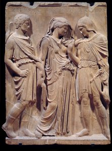 Græsk antikvitet: Orphees farvel til Eurydice, som Hermes er parat til at bringe tilbage til helvede. Inskriptionen med navnene på Zethus, Antiope og Amphion går tilbage til renæssancen. Lavt marmorrelief. 480-323 f.Kr. Søn 1,2 m Paris, Musée du Louv af Greek