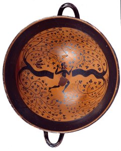 Græsk kunst: Ionisk kop i keramik med sorte figurer kendt som "" kop med fuglen"" En mand jager svaler. 550 f.Kr. Søn 0,23 m Paris, Musée du Louvre af Greek