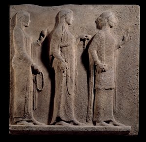 Græsk kunst: plakette på afsnittet om teorierne: ansigt, der repræsenterer nåde. Lavt marmorrelief fra øen Thassos i Grækenland. 480 f.Kr. Paris, Louvre-museet af Greek