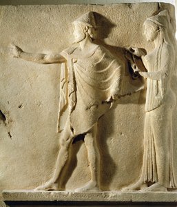 Hermes agoraios and a Charity, relief fra the Passage of the Theores, fra Thasos, ca. 470 f.Kr. (marmor) (se også 346624)