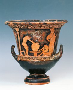 Krater, der viser scene med keramiker på arbejde under Athenas blik, keramik med røde figurer fra Sicilien, Italien, Magna Graecia, 5. århundrede f.Kr. (rødt keramik) af Greek