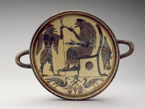 Lakonisk kylix-bæger forestillende Zeus og Hermes, ca. 550-530 f.Kr. (ler) (se også 288296 og 288298) af Greek