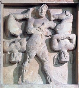 Magna graecia: metope med Herakles med Cercopes, stenrelief, 575-550 f.Kr. af Greek