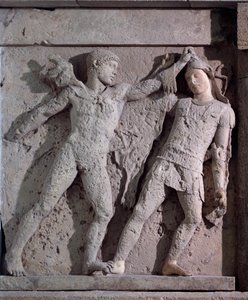 Magna graecia: metope med herakles og amazon, stenrelief, 5. århundrede f.Kr. af Greek