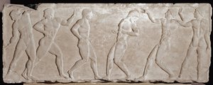 Marmorreliefstrømper af en begravelseskouros, der repræsenterer seks atleter. 510 -500 f.Kr. Fra Akropolis Athen. Nationalmuseet for arkæologi, Athen af Greek
