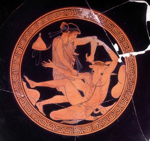 Minotaur dræbt af Thesee - græsk vase opbevaret på Museo Archeologico de Firenze. Interiør af pentic kop med røde figurer, maler af Dokimasia. 480 f.Kr. (Minotauro) af Greek