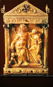 Naiskos med Dionysos beruset og satyr, lille hellenistisk stil tempel med granater og smaragder fra Thessalien, 2. århundrede f.Kr. (guld) af Greek