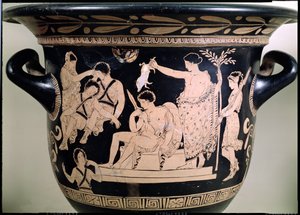 Orestes som leverandør ved Apollon-helligdommen i Delphi, detalje fra et attisk krater med rød figur, tilskrevet den apuliske Eumenides-maler-keramikdetalje fra 92567 af Greek