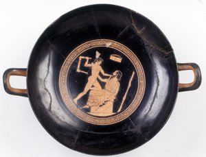 Maleri på snit: Repræsentation af Heraclés, der vifter med en stol for at slå sin musikmester ud, 470 f.Kr. BNF, Medaljekontoret. af Greek