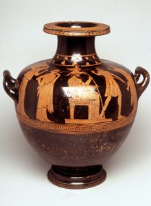 Maleri på vase: Repræsentation af Jupiter (Zeus) afkortet i midten. Over hendes hoved ses Athena, hver hær (fødsel af Athena). Overfor Zeus står Hephaistos. 470 f.Kr. BNF, Cabinet des Medailles. af Greek