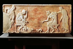 Stel, der viser kamp mellem hund og kat, 510 f.Kr. (relief) af Greek