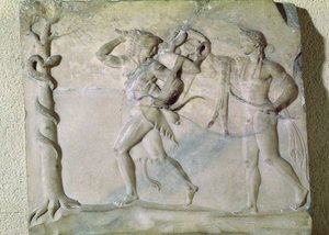 Tablet, der forestiller Hercules, der bærer Delphic Tripod af foran Apollo (marmor)