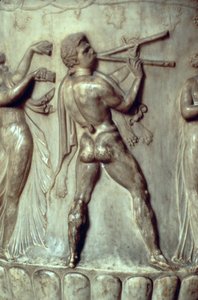 Borghese-krateret eller -vasen, detalje af relief forestillende en mand, der spiller på dobbeltfløjte, Neo-Attic, ca. 40-30 f.Kr. marmor