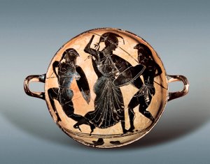 Trojansk krig: Gudinde Athena kæmper mellem Hector og Achilles. 6. århundrede f.Kr. Kylix (drikkekop) har sorte figurer i keramik, Cataloniens arkæologiske museum, Barcelona. af Greek