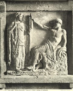 Zeus og Hera, metope fra Temple E i Selinunte, Sicilien (marmor) (s/h foto) af Greek