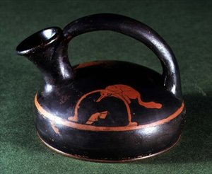 Attic rød-figur askos dekoreret med en ræv ved en fælde (keramik) af Greek