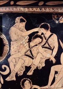 Attisk krater med røde figurer, der viser Orestes som suppliant ved Apollon-helligdommen i Delphi, tilskrevet den apuliske Eumenides-maler, ca. 380 f.Kr. (keramik) (detalje) af Greek School
