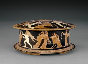 Attic rødfigur pyxis dekoreret med kvinder og eroter eller amoriner, tæt på Meidias-maleren, slutningen af det 5. århundrede f.Kr. (keramik) af Greek School