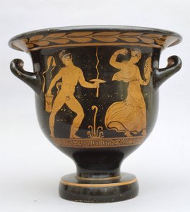 Klokkeformet proto-apuliansk krater med satyr og maenad fra Matera, Italien (keramik) af Greek School