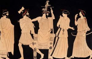 Fødsel af Athena, der kommer ud af hovedet på Jupiter (Zeus), maleri fundet i Vulci, red. 20. århundrede.