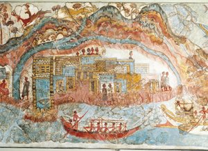 Fresco, der viser en skibsoptog fra Akrotiri, Thera Island, Santorini, Grækenland, detaljer, en kystby