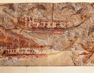 Fresko af skibsoptog, fra Akrotiri, Thera Island, Santorini, Grækenland, detaljer, skibe