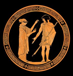 Galant samtale, dekoration af en keramik med røde figurer. 5. århundrede f.Kr. (keramik) af Greek School