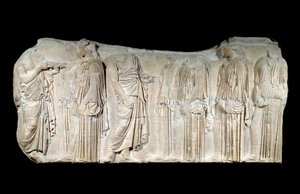 Græsk kunst: fragment af Parthenon-frisen: procession af festen for de Store Panathenees: autorisatorer og ergastiner. Klassisk periode. Paris, Louvre-museet af Greek School