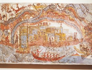 Græsk civilisation, fresko, der viser skibsoptog, fra Akrotiri, Thera Island, Santorini, Grækenland af Greek School