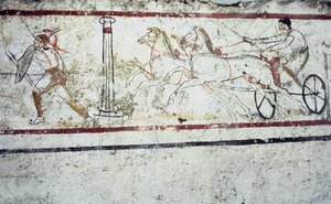 Lucanian fresko-gravmaleri, der forestiller en gladiator og en mand på en vogn, Paestum 350-330 f.Kr. af Greek School