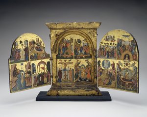 Opdragelse af Lazarus; Indrejse i Jerusalem; Korsfæstelse; Kristi nedstigning til helvede (centralpanel), anden halvdel af 1500-tallet (tempera med bladguld på træ) af Greek School