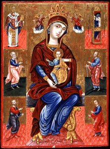 Jomfru af Skopiotisa tronet med Kristus og seks hellige, ca. 1700 (bladguld og tempera på panel) af Greek School