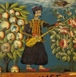 Detalje af en musiker fra en kiste, fra Mytilini, Lesbos, 18.-19. århundrede (ægtempera på træ) af Greek School