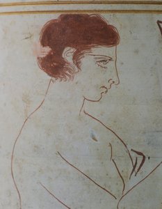 Attic lekythos, der viser en begravelsesscene af en kriger, der sidder foran hans grav, 420-410 f.Kr., tilskrevet maleren Parrhasius fra Efesos, hvidmalet keramik fra Athen, Grækenland. Detalje. Græsk civilisation, 5. århundrede f.Kr. af Greek School